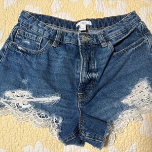 Forever 21 Blue and White Distressed Jean Shorts
